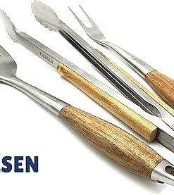 COLSEN Heavy Duty 3-Piece BBQ Grilling Tool Set, Stainless Steel Tongs, Spatula, & Fork, Kitchen Utensils Set, Camping Accessories, Brown 2