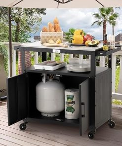 Outdoor Grill Cart with Stainless Steel Tabletop and Storage Cabinet, Movable Kitchen Island with Wheels for BBQ Food Prep, Black 2