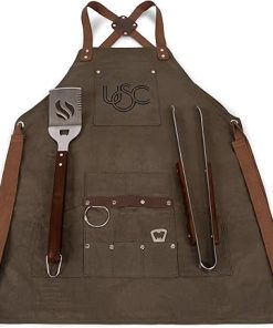 PICNIC TIME NCAA USC Trojans BBQ Apron with Tools & Bottle Opener, Distressed Waxed Canvas Apron with BBQ Spatula & BBQ Tongs, (Khaki Green with Beige Accents)