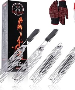 BBQ Bros Large Kabob Grilling Baskets Set of 4 - Foldable - Kebab Grill - for Outdoor Grilling - Includes Kebab Oil Brush Bottle & Grill Gloves - Dishwasher Safe