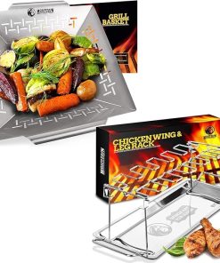 Mountain Grillers Veggie Grill Basket 12 Inch Heavy Duty Vegetable Grilling Basket Stainless Steel Bundle with Chicken Drumstick Grill Rack Large Capacity Smoker BBQ Chicken Wing Rack Stainless Steel