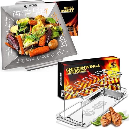 Mountain Grillers Veggie Grill Basket 12 Inch Heavy Duty Vegetable Grilling Basket Stainless Steel Bundle with Chicken Drumstick Grill Rack Large Capacity Smoker BBQ Chicken Wing Rack Stainless Steel
