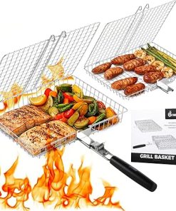 Nesting Grill Baskets, 2pcs Grilling Baskets for Outdoor with Removable Handle, Stainless Steel BBQ Camping Cooking Accessories Tools for Fish, Vegetable, Shrimp - Gifts for Men Dad Husband
