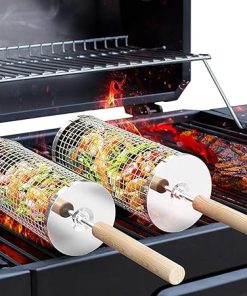 Rolling Grill Baskets (2PCS), Removable Wooden Handle, 304 Stainless Steel, Nesting Grilling Net, BBQ Accessory Tool for Vegetable Shrimp, Outdoor Cooking Camping, Fathers Day Gifts