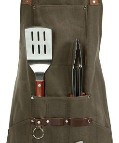 LEGACY - a Picnic Time brand Distressed Waxed Canvas BBQ Apron with BBQ Tools and Bottle Opener, Khaki/Brown, One Size