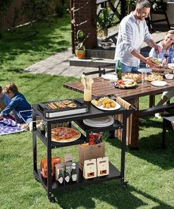 HAPPYGRILL Outdoor Grill Dining Cart, Movable BBQ Trolley Pizza Oven Stand w/Shelves, Hooks, Multifunctional Food Prep Worktable w/Lockable Wheels, Side Handle 2
