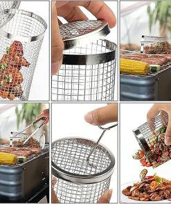 Outdoor barbecue set -2 pieces of drum barbecue net and 6 pieces of barbecue utensils, used for outdoor barbecue of fish, shrimp, meat, vegetables, potato chips, corn, etc 2