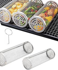 Rolling Grilling Basket for Outdoor Grill, 2 Pack Barbecue Basket, Round Stainless Steel BBQ Grill Cylindrical Grill Net for Grilling Vegetables, Seafood, Meat, Fish