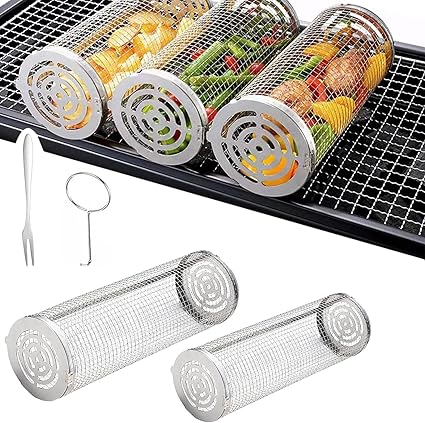 Rolling Grilling Basket for Outdoor Grill, 2 Pack Barbecue Basket, Round Stainless Steel BBQ Grill Cylindrical Grill Net for Grilling Vegetables, Seafood, Meat, Fish Rolling Grilling Basket for Outdoor Grill, 2 Pack Barbecue Basket, Round Stainless Steel BBQ Grill Cylindrical Grill Net for Grilling Vegetables, Seafood, Meat, Fish