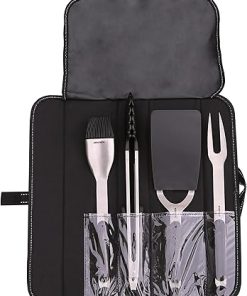 Kenyon A70011 Grill Utensil Set With Grill Fork, Tongs, Spatula, And Basting Brush, Stainless Steel Grill Tools With Smart Canvas Bag, Removable Soft-Grip Handles, Easy Cleaning, 4 Piece Tool Kit
