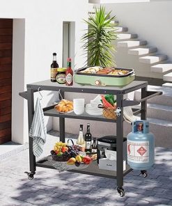 Domi 3-Shelf Outdoor Grill Cart with Wheels, Pizza Oven and Food Prep Table, Blackstone Table with Propane Tank Hook, Grill Stand for Outside BBQ 2