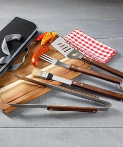 5-Piece Stainless Steel BBQ Tool Set – Grill Accessories with Wood Handles & Carry Bag, Outdoor Grilling Tools with 4-in-1 Spatula 2