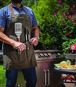 LEGACY – a Picnic Time brand Distressed Waxed Canvas BBQ Apron with BBQ Tools and Bottle Opener, Khaki/Brown, One Size 2