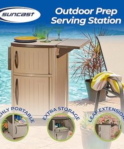 Suncast Outdoor Patio Grill Prep Station Cart with 2 Storage Cabinets, Light Taupe/Mocha 2