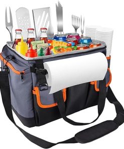 Large BBQ Grill Caddy with Paper Towel Holder, Foldable Insulated Picnic Organizer Bag for Outdoor Grilling, Tailgating, Camping, RV Trips, Must-Have Storage for Cooking Tools Supplies