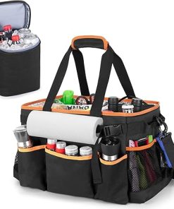 Large Grill Utensil Caddy with Detachable Cooler, Collapsible Picnic Organizer with Paper Towel Holder for Griddle Accessories, Tailgating Accessory Basket for Outdoor Cooking Supplies, Black