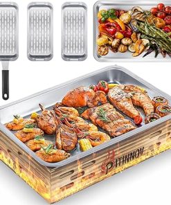 Grill Basket Set, 3pcs Stainless Steel Grill Topper Pans for Outdoor Grill with BBQ Prep Tray, Grilling Baskets Barbecue Accessories for Vegetables, Fish, Meat, and Seafood - Gifts for Men Dad Husband