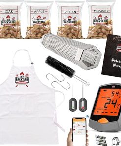 Grill Set-Grilling Gifts for Men & Women, 11PCS Grilling Accessories Bluetooth Meat Thermometer, Smoker Tube, All-Natural Pellets for Smoker Grill, Wire Brush, Apron & Recipe Book