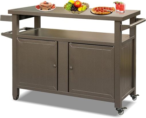 Outdoor Grill Cart Metal Storage Cabinet with Wheels, Ample Storage Space for BBQ, Kitchen, Dining, and Patio Use, Brown