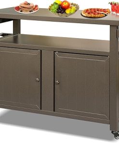 Outdoor Grill Cart with Wheels, Metal BBQ Table for Cooking, Dining, and Storage, Brown