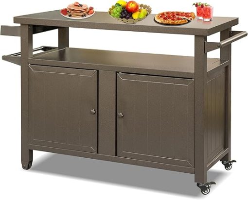 Sturdy Outdoor Grill Cart with Wheels for Cooking and Storage, Metal Table for BBQ, Patio, Kitchen, and Parties, Brown