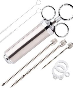 Meat Injector Kit Stainless Steel Food Syringe & 3 Marinades Needles for BBQ Grill Professional Smoker Seasoning Culinary Barbecue Syringe & Meat injectors for Smoking