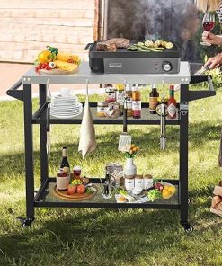 Domi 3-Tier Outdoor BBQ Grill Cart with Lockable Wheels | Portable Pizza Oven Stand & Food Prep Station | with Stainless Steel Tabletop & Propane Tanks | All-Weather Patio Cooking Center 2