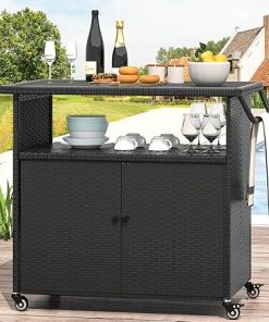 Outdoor Storage Cabinet on Wheels for Patio Outdoor Rattan Bar Cart on Wheels Storage Kitchen Cabinet Waterproof for Grill Outdoor Sideboard for Outside, Pool, Backyard Bar, Parties, Poolside