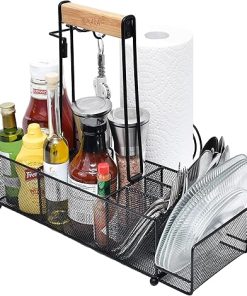 OMAIA BBQ and Grill Caddy with Paper Towel Holder, Wood Handle & 2 Hooks – Camper Accessories Condiment Caddy – Plates, Cutlery and BBQ Organizer for Camping Outdoor, RV - US Patent Pending