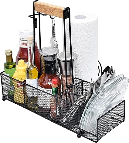 OMAIA BBQ and Grill Caddy with Paper Towel Holder, Wood Handle & 2 Hooks – Camper Accessories Condiment Caddy – Plates, Cutlery and BBQ Organizer for Camping Outdoor, RV – US Patent Pending OMAIA BBQ and Grill Caddy with Paper Towel Holder, Wood Handle & 2 Hooks – Camper Accessories Condiment Caddy – Plates, Cutlery and BBQ Organizer for Camping Outdoor, RV - US Patent Pending