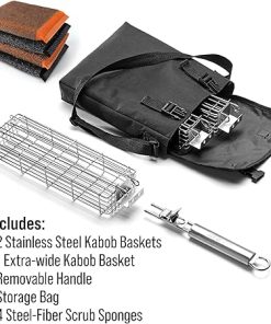 Large Grilling Basket Set – 3 Stainless Steel Kabob Baskets with Removable Handle & Scrubber Sponge – Heavy-Duty Grill Accessory for Veggies, Meat & More 2