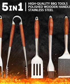 BBQ Grilling Accessories – Barbecue Tool Sets – Luxury Grill Accessories Kit – Grill Set with Case – Premium Stainless Steel Equipment – 5 in 1 BBQ Tongs, Meat Fork, Spatula & Basting Brush 2