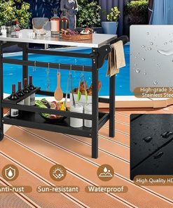 Giantex Grill Cart Pizza Oven Stand, HDPE Outdoor Prep Table, Stainless Steel Top, Storage Shelf, 4-Bottle Wine Rack, 5 Hooks, Movable Dinning Cart Cooking Table with Wheels for BBQ Party Camping 2