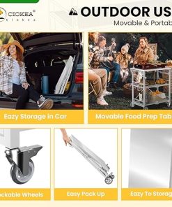 Folding Grill Cart, Metal Pizza Oven Stand Table with 2 Total Lock Casters,3 Shelf Foldable Kitchen Island Cart,Stainless Steel Outdoor Rolling Cart with Wheels for Home Party, Bar, Camping（White） 2