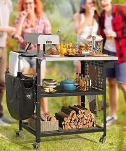 DWVO Outdoor Grill Cart Pizza Oven Table with Stainless Steel Tabletop, 31.5'' L x 27.6'' W Grill Table Movable with Storage 3-Tier Adjustable Shelf, Drop Leaf and Spice Rack for Patio, BBQ