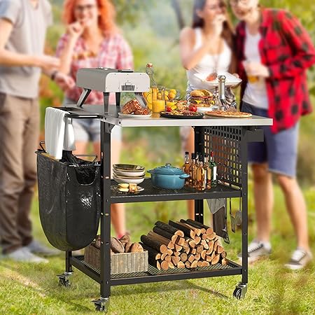 DWVO Outdoor Grill Cart Pizza Oven Table with Stainless Steel Tabletop, 31.5” L x 27.6” W Grill Table Movable with Storage 3-Tier Adjustable Shelf, Drop Leaf and Spice Rack for Patio, BBQ DWVO Outdoor Grill Cart Pizza Oven Table with Stainless Steel Tabletop, 31.5'' L x 27.6'' W Grill Table Movable with Storage 3-Tier Adjustable Shelf, Drop Leaf and Spice Rack for Patio, BBQ