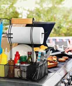 FANGSUN Grill Caddy, BBQ Caddy with Paper Towel Holder, Picnic Condiment Utensil Caddy for Outdoor Camping, Barbecue Accessories Storage Organizer for Griddle Grilling Tool, Rv Patio Camper Must 2