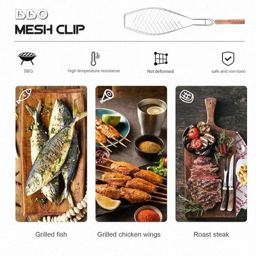 DOITOOL Sturdy BBQ Grill Accessory 2-Piece Iron Mesh Clip Wooden Handle for Grilling Camping Hiking Non- to Use - Image 2