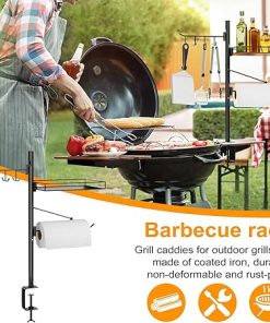 Grill Caddy with Paper Towel Holder,BBQ Caddy for Outdoor Grill,Condiment Jar Tool Hooks Stable C-Clamp Base Outdoor Grilling Accessories for Camping Outdoor, RV, Tailgate Essentials Black 2