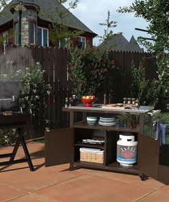 GDLF Outdoor Storage Cabinet Solid Wood Prep Grill Table with Stainless Steel Top Waterproof Cover Dark Brown 2