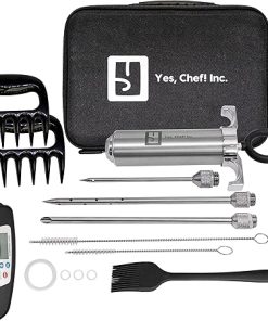 Yes, Chef! Inc Yes,Chef! Inc Deluxe Stainless Steel Meat Injector Syringe Kit w/Travel Case |3 Needles |Digital Thermometer | 2 Meat Claws |Brushes |2-oz Large Capacity |BBQ |Smoker |