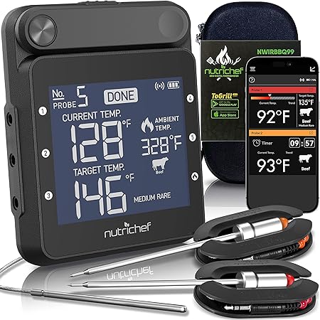 NutriChef WiFi Grill Meat Thermometer, Wireless Dual Smart Probes, Alarm Indoor from Outdoor Barbecue Smoker, Compatible with Any Smartphone, Rechargeable Meter for Outside BBQ Grilling NutriChef WiFi Grill Meat Thermometer, Wireless Dual Smart Probes, Alarm Indoor from Outdoor Barbecue Smoker, Compatible with Any Smartphone, Rechargeable Meter for Outside BBQ Grilling