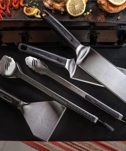 Blackstone 5464 Griddle Tool Kit Outdoor Indoor Grill BBQ Utensils Cooking Accessories-Heat Resistant– 2 Long Spatulas, 2 Angled Scraper Classic Tong, 1 (32oz) Squeeze Bottle, Black, Silver, White 2