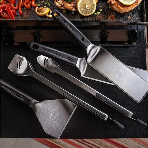 Blackstone 5464 Griddle Tool Kit Outdoor Indoor Grill BBQ Utensils Cooking Accessories-Heat Resistant– 2 Long Spatulas, 2 Angled Scraper Classic Tong, 1 (32oz) Squeeze Bottle, Black, Silver, White - Image 2