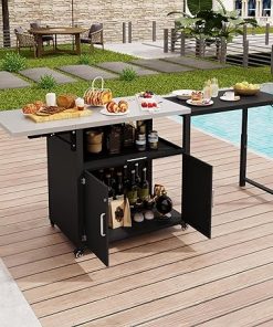 76.2” Outdoor Storage Cabinet, Kitchen Island Cart on Lockable Wheels Outdoor Table with Folding & Expandable Stainless Steel Top for Grill Accessories, Kitchen Prep, Patio, Matte Black