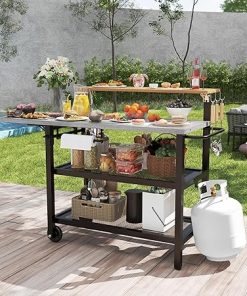 Sundale Outdoor Four-Shelf Grill Cart Table, Movable Stainless Metal Flattop Pizza Oven Multifunctional Work Prep-Table for Griddle BBQ Grills