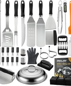 Grilljoy 46PC Griddle Accessories Set with Robust Plastic Handle, All-in-One Griddle Tools Kit for Flat Top Grills Teppanyaki Hibachi, Stainless Steel Grill Spatula Kit for Outdoor Camping Grilling