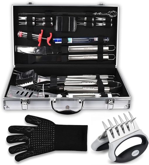 Commercial Chef 25 Piece Barbeque Grill Accessories + CHEFSSPOT Meat Shredder Claws with Ultra-Sharp Blades