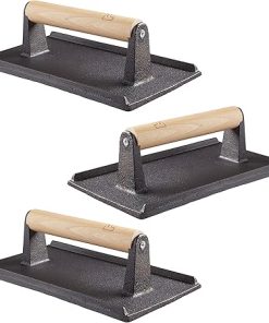 Pro Grade, Pre Seasoned Cast Iron Grill Weight 3Pk. Heavy Duty Steak and Burger Press with Wooden Handle for Grills, Griddles and Flattops. Perfect Gadget for Bacon, Paninis, Sandwiches and Vegetables