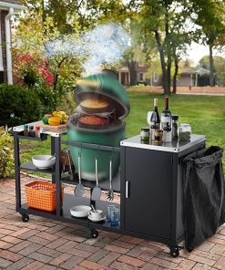 Grill Table for Big Green Egg Style BBQ, Heavy Duty Metal Outdoor Grill Station Prep Table With Storage,Garbage Bag Holder, Hooks, Paper Towel Rack, Wheels, Compatible With Egg Kamado Griller 2